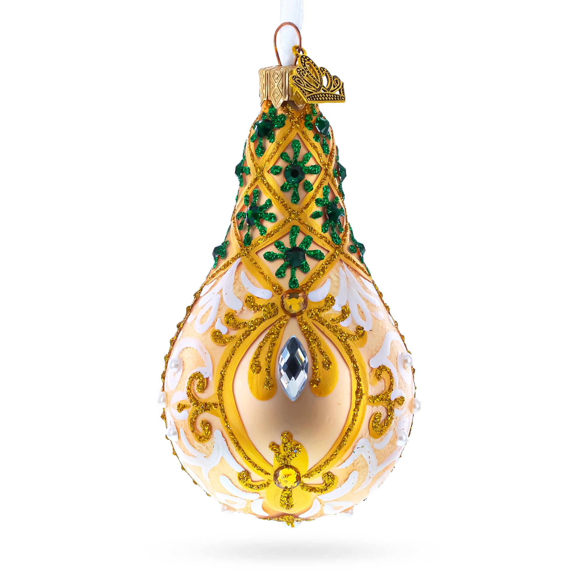 Swirls on Champagne Bejeweled Pear Shape Glass Ornament in Gold color Finial