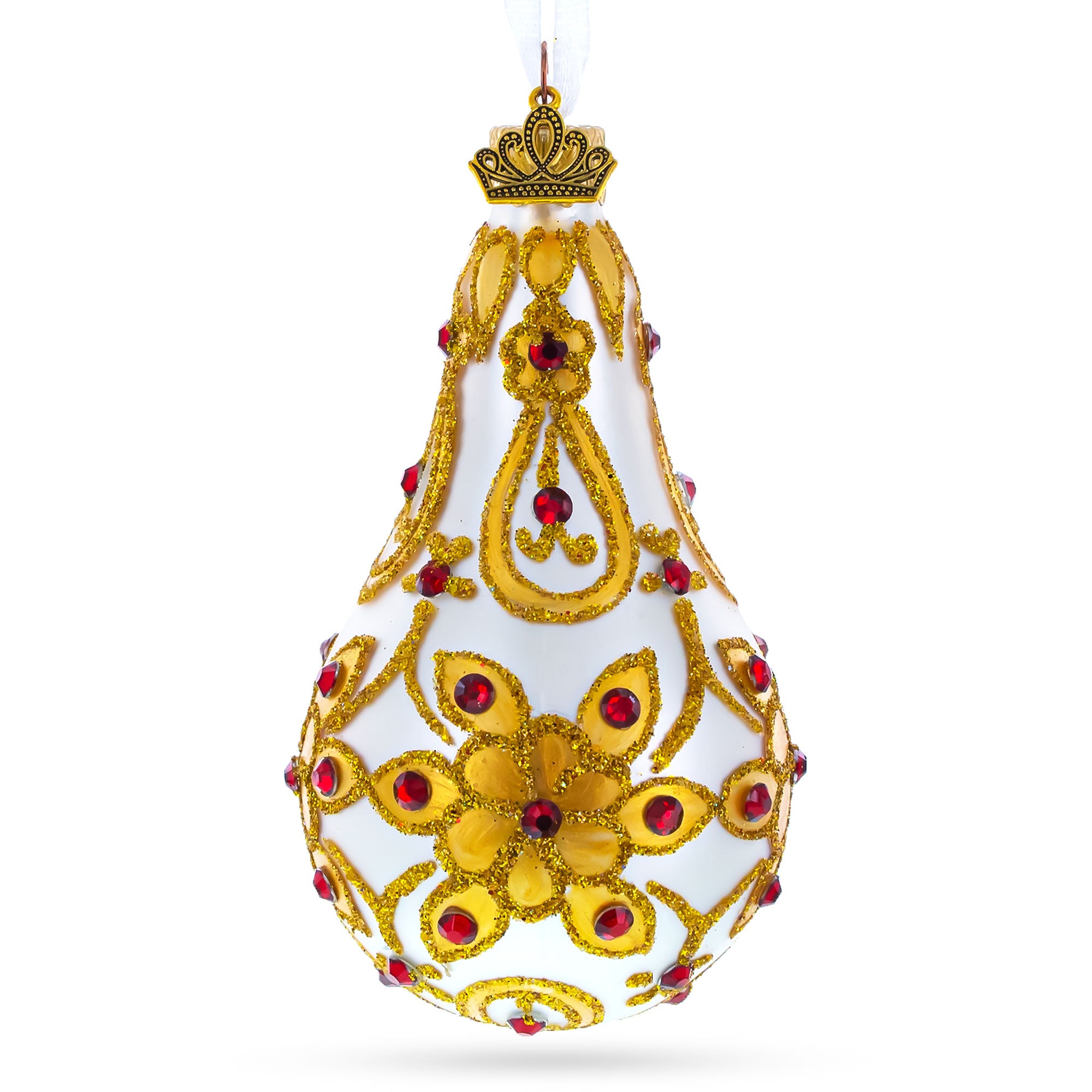 Red Jewels on Golden Leaves Pear Shape Glass Ornament in Gold color Finial