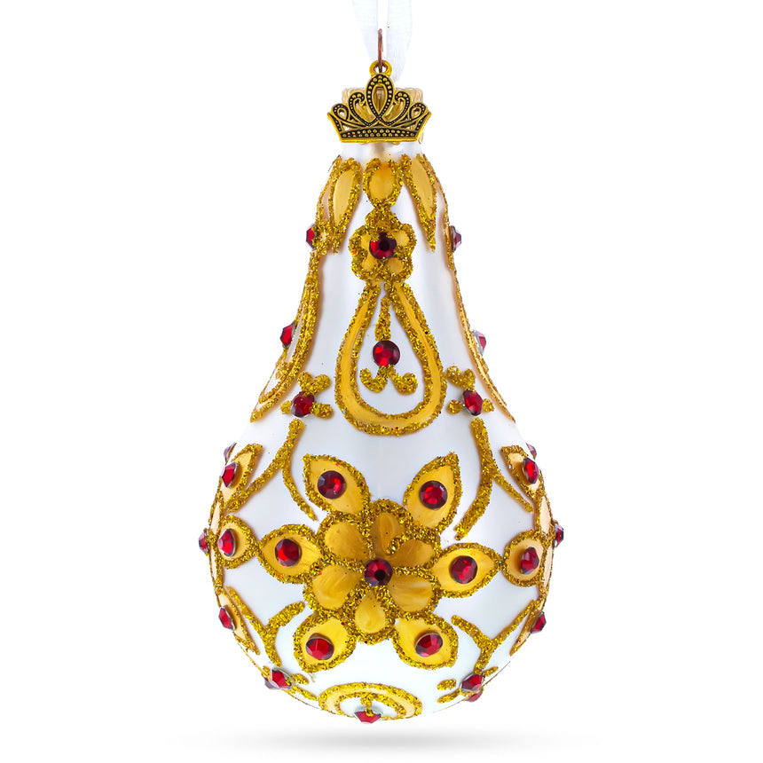 Red Jewels on Golden Leaves Pear Shape Glass Ornament in Gold color Finial