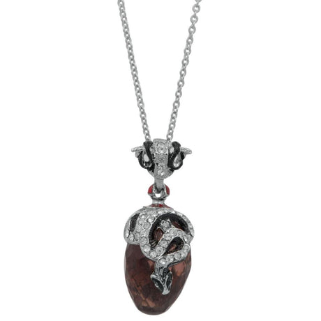 Pewter Regal Serpent: Royal Egg Pendant with Crystal Snake on Black Stone 20-Inch in Multi color Oval