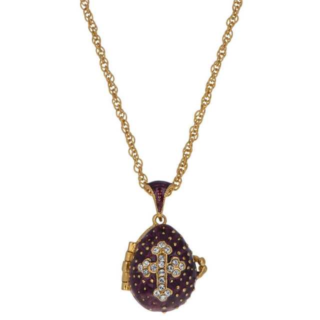 Pewter Sacred Elegance: 19-Crystal Cross Royal Egg Pendant on Purple Necklace, 20 Inches in Purple color Oval