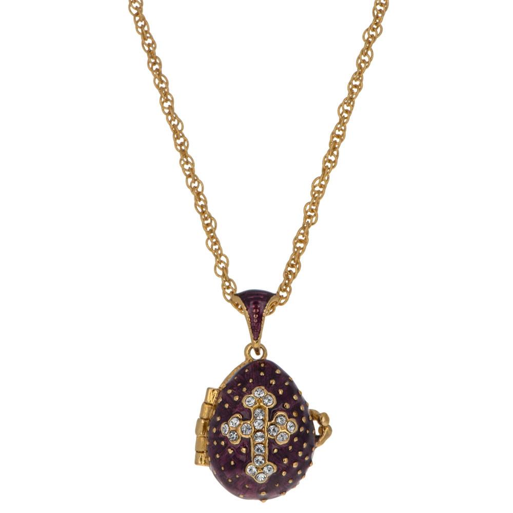 Sacred Elegance: 19-Crystal Cross Royal Egg Pendant on Purple Necklace, 20 Inches in Purple color Oval