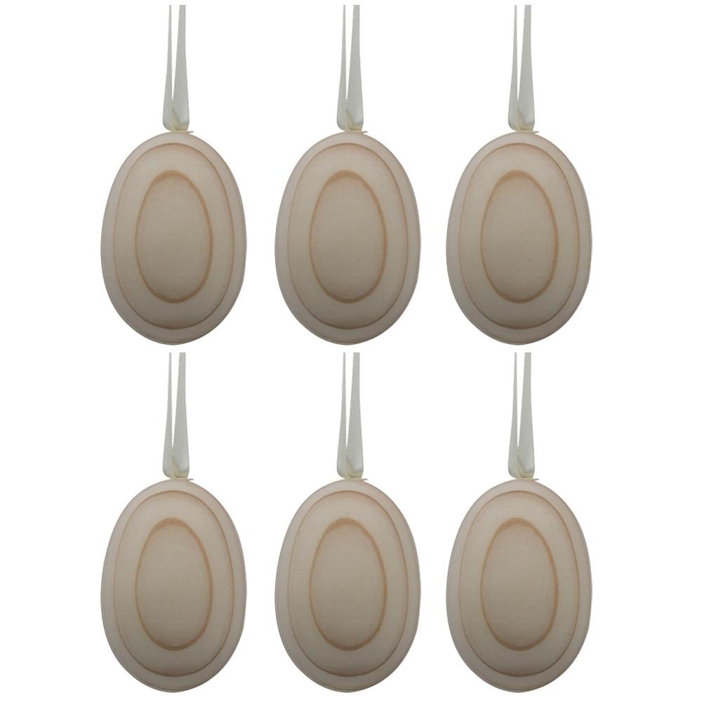 6 Blank Unpainted Wooden Egg Ornaments on Ribbon 2.75 Inches in Beige color, Oval shape