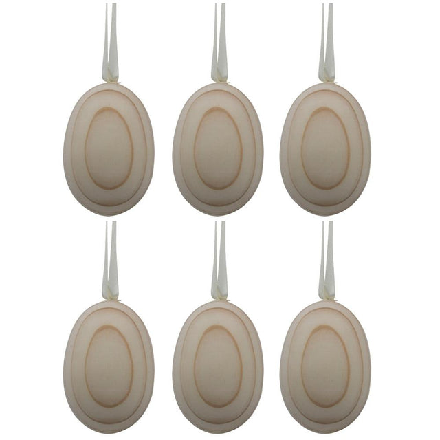6 Blank Unpainted Wooden Egg Ornaments on Ribbon 2.75 Inches in Beige color Oval
