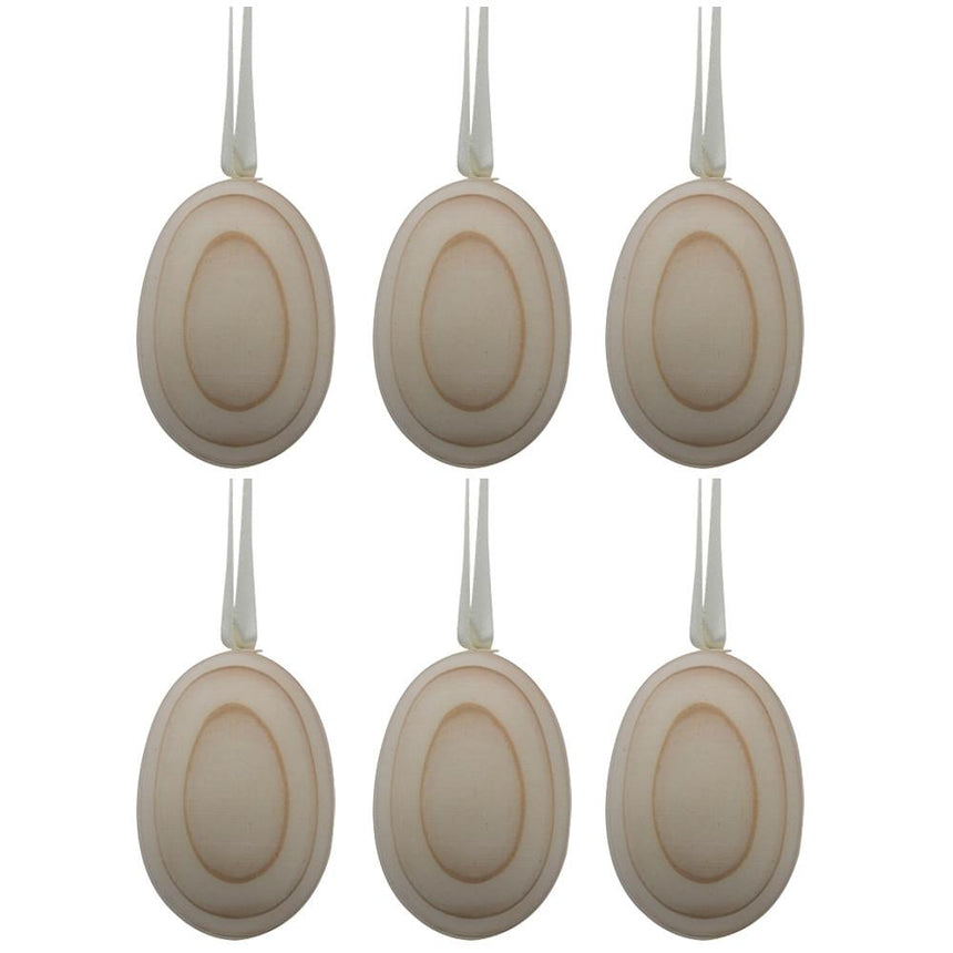 6 Blank Unpainted Wooden Egg Ornaments on Ribbon 2.75 Inches in Beige color Oval