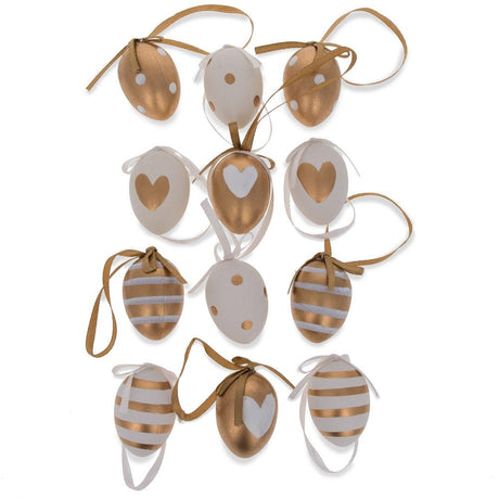 Resin Set of 12 Miniature Gold and White Plastic Easter Egg Ornaments 1.6 Inches in Gold color Oval