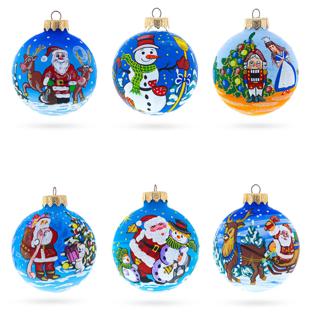 Glass Set of 6 Santa, Snowman, Reindeer, Nutcracker Glass Christmas Ornaments in Multi color Round