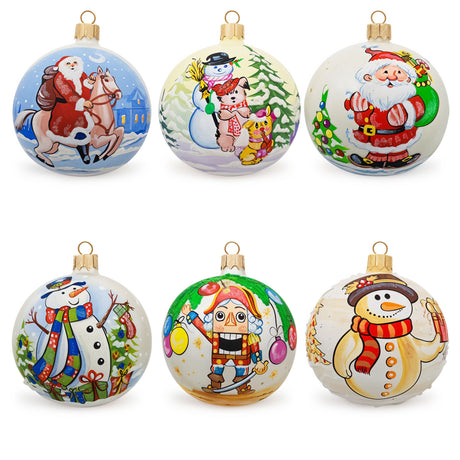 Set of 6 Glass Ball Christmas Ornaments - Snowmen, Santa's & Nutcracker in Multi color Round