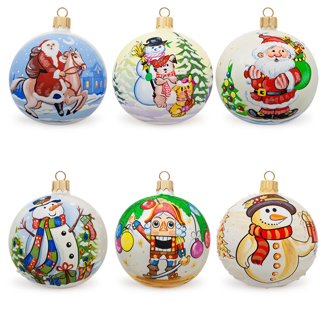 Set of 6 Glass Ball Christmas Ornaments - Snowmen, Santa's & Nutcracker in Multi color Round