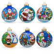 Set of 6 Santa, Snowman, Reindeer, Nutcracker Glass Christmas Ornaments in Multi color, Round shape