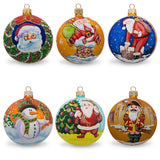 Set of 6 Santa with Gifts, Snowman, Nutcracker Glass Christmas Ornaments in Multi color, Round shape
