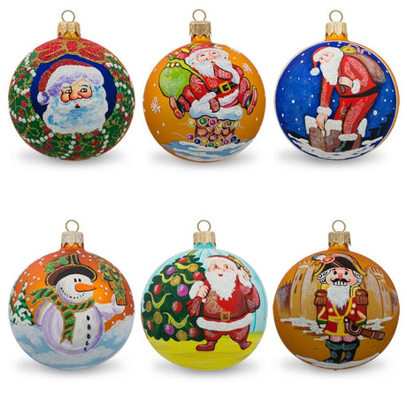 Set of 6 Santa with Gifts, Snowman, Nutcracker Glass Christmas Ornaments in Multi color Round