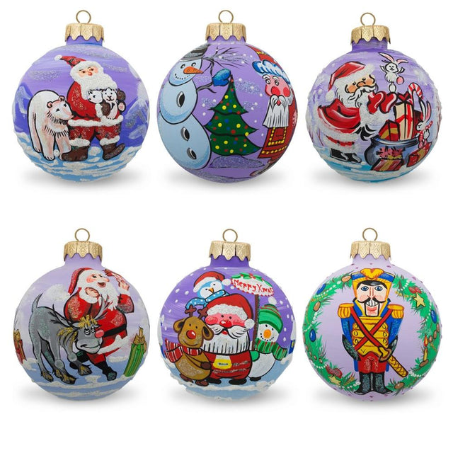 Set of 6 Santa, Bear, Snowman, Bunny, Reindeer Glass Christmas Ornaments in Multi color, Round shape