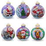 Glass Set of 6 Santa, Bear, Snowman, Bunny, Reindeer Glass Christmas Ornaments in Multi color Round