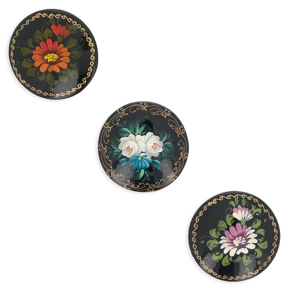 Set of 3 Wooden Black Hand Painted Flower Round Brooches 2 Inches in Multi color Round