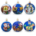 Set of 6 Santa, Reindeer, Snowman, Nutcracker, and Holiday Scenes Glass Christmas Ornaments in Multi color Round