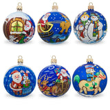 Set of 6 Santa, Snowman, Bunny, Reindeer, Nutcracker Glass Christmas Ornaments in Multi color Round