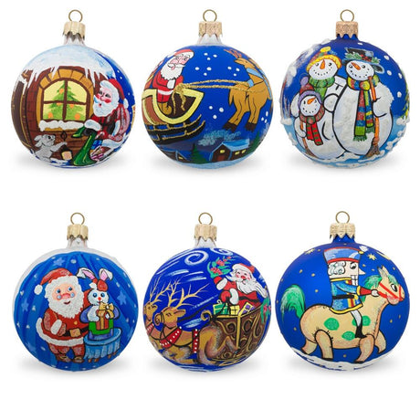 Set of 6 Santa, Snowman, Bunny, Reindeer, Nutcracker Glass Christmas Ornaments in Multi color Round