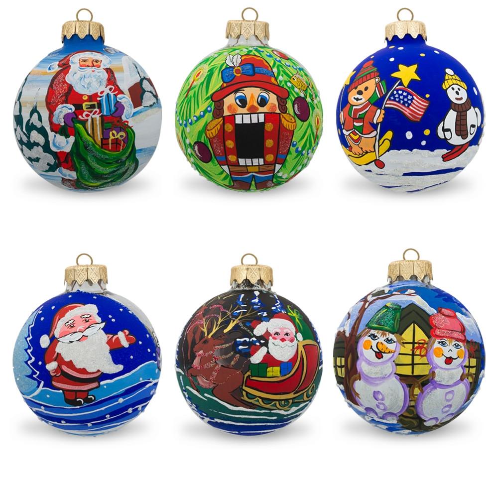 Set of 6 Snowman, Bear, Santa, Nutcracker Glass Ball Christmas Ornaments in Multi color, Round shape