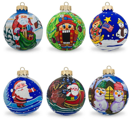 Set of 6 Snowman, Bear, Santa, Nutcracker Glass Ball Christmas Ornaments in Multi color Round
