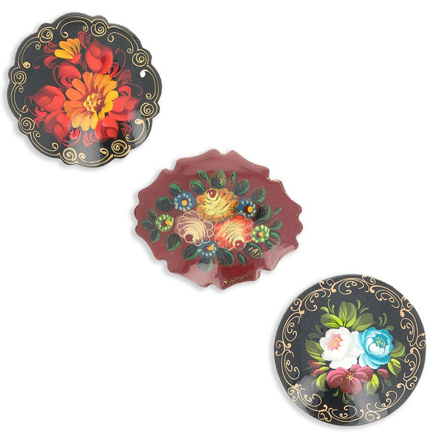 Set of 3 Hand Painted Flowers Wooden Brooches in Various Shapes 2 Inches in Multi color,  shape
