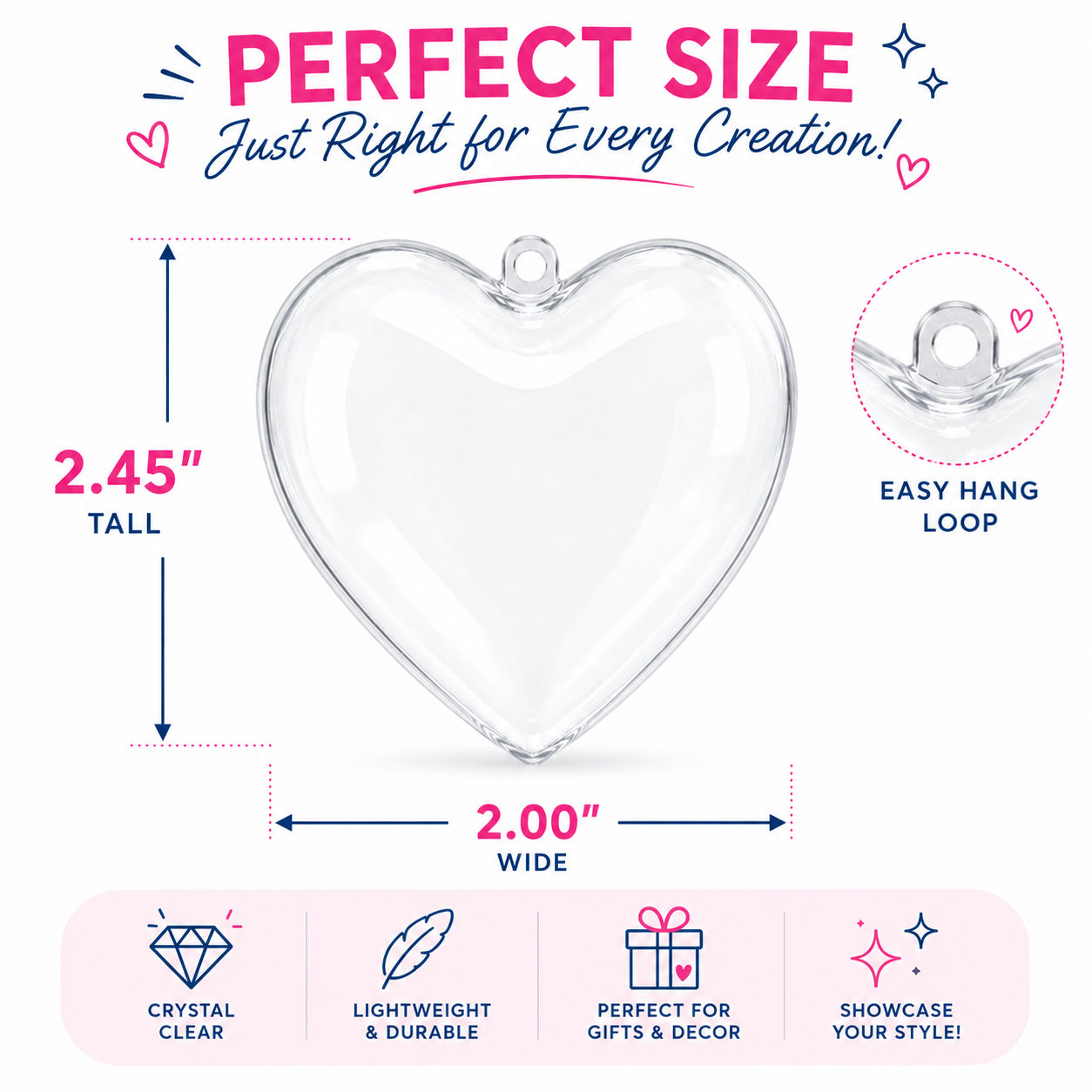 Set of 3 Clear Plastic Hearts Ornaments 2.45 Inches (62 mm)China , dimensions in inches: 2.45 x 2 x 2