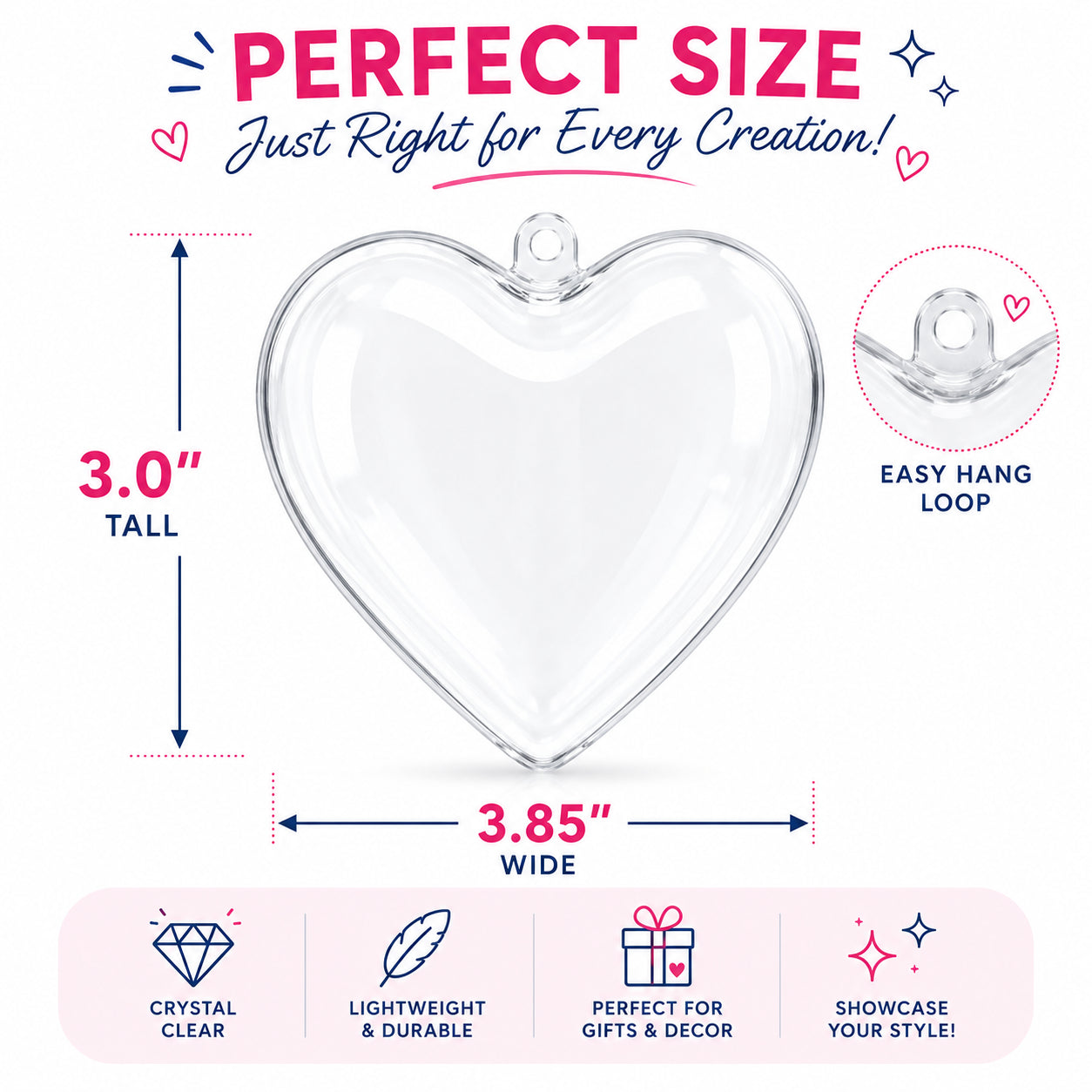 Set of 3 Clear Plastic Heart Ornaments 3.85 Inches (98 mm)China , dimensions in inches: 3.9 x 3.85 x 3