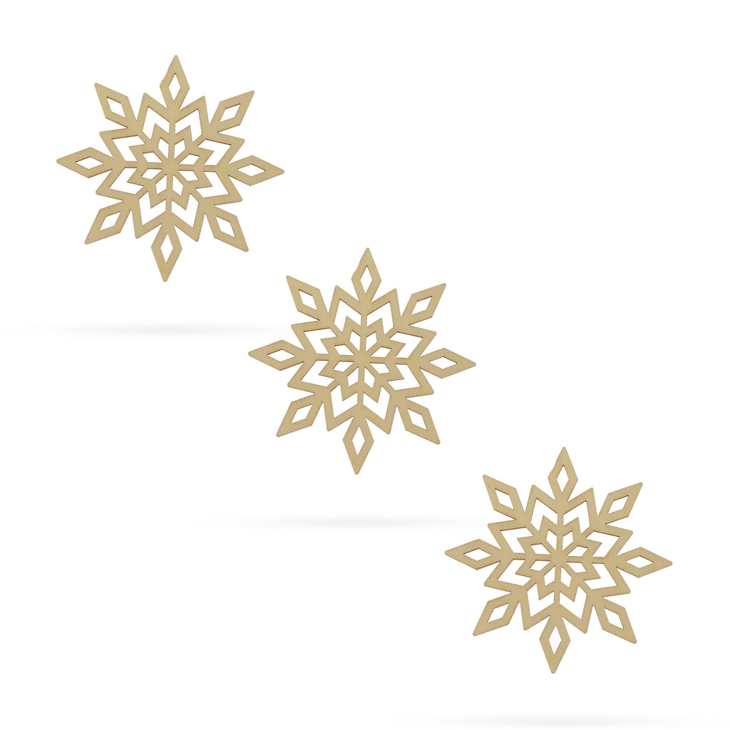 3 Snowflakes Unfinished Wooden Shapes Craft Cutouts DIY Unpainted 3D Plaques 4 Inches in Beige color