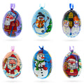 Set of 6 Santa and Snowmen Wooden Christmas Ornaments 3 Inches in Multi color Oval