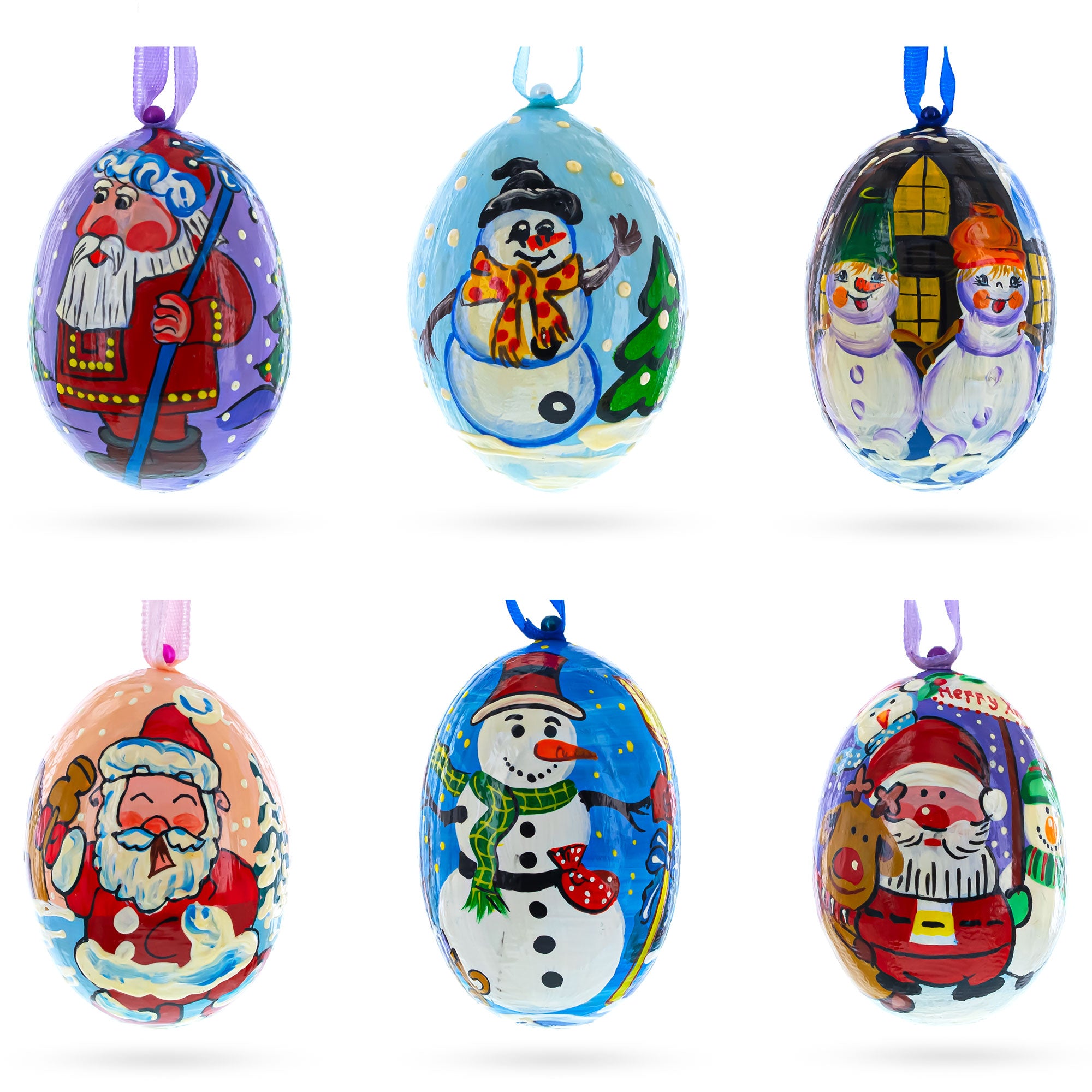 Set of 6 Santa and Snowmen Wooden Christmas Ornaments 3 Inches in Multi color Oval