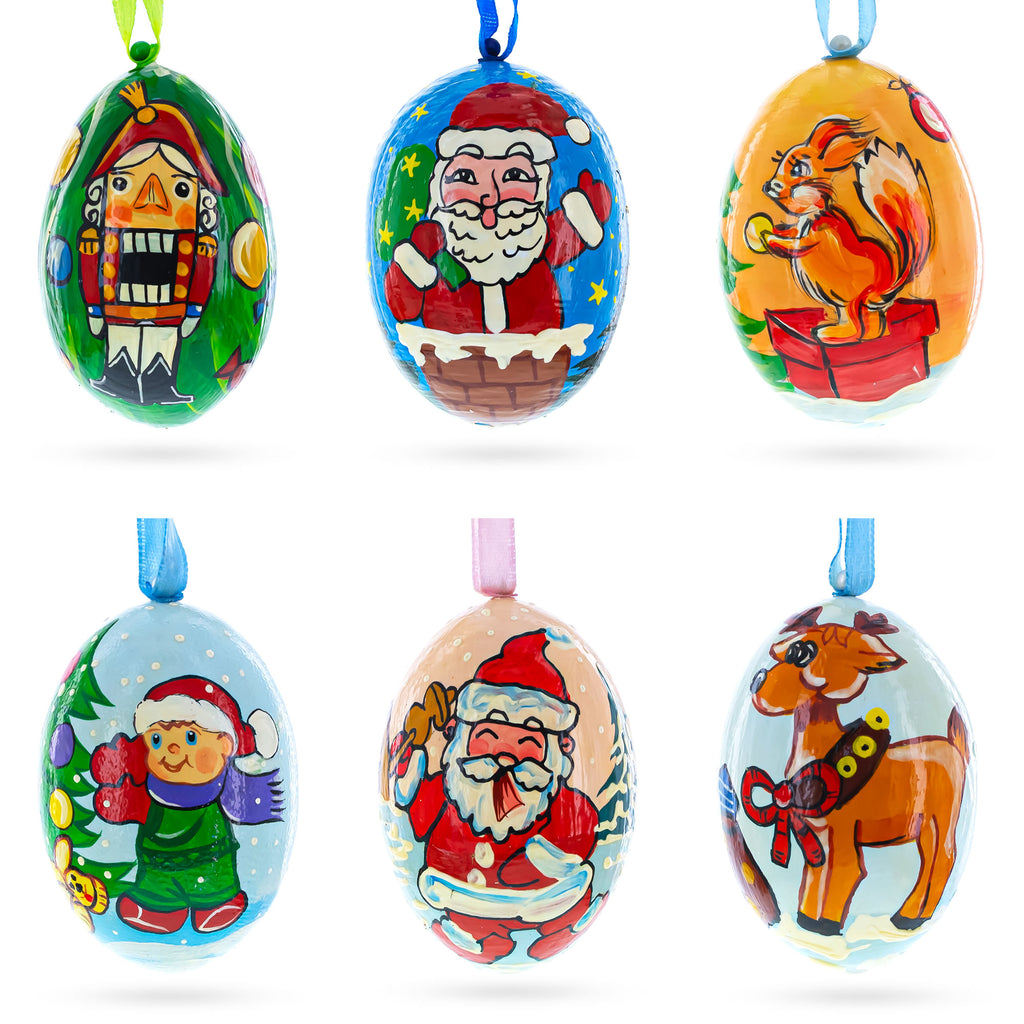 Wood 6 Santa, Nutcracker, Reindeer, Squirrel Wooden Christmas Ornaments 3 Inches in Multi color Oval