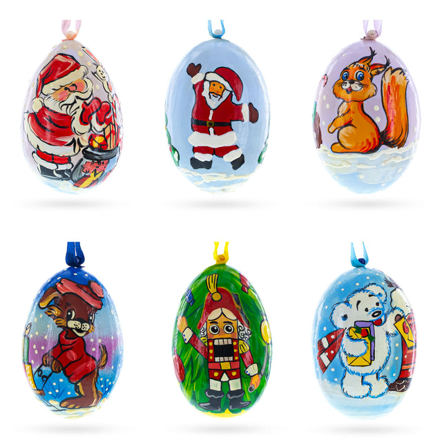 Santa, Nutcracker, Bear, Dog and Squirrel Wooden Christmas Ornaments 3 Inches in Multi color, Oval shape