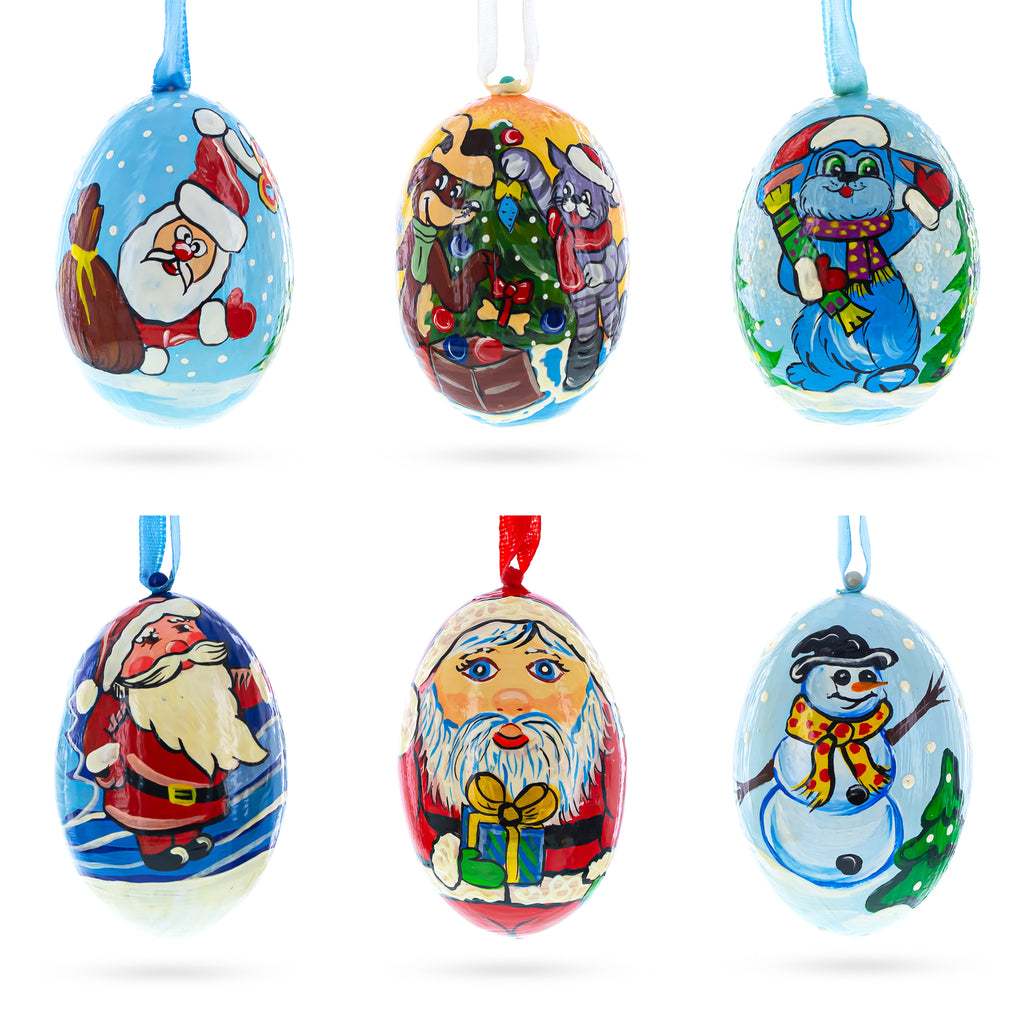 Wood 6 Santa, Snowman, Reindeer, Cat and Dog Wooden Christmas Ornaments 3 Inches in Multi color Oval