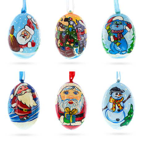 6 Santa, Snowman, Reindeer, Cat and Dog Wooden Christmas Ornaments 3 Inches in Multi color, Oval shape