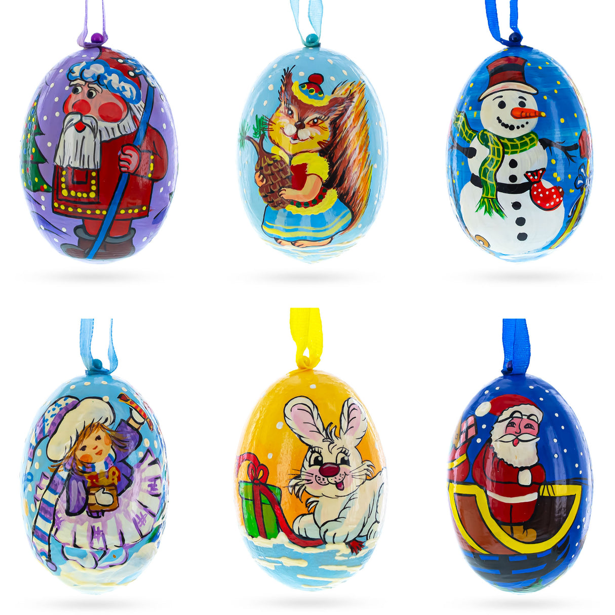 Santa, Snowman, Bunny, Squirrel and Girl Wooden Christmas Ornaments 3 Inches in Multi color, Oval shape
