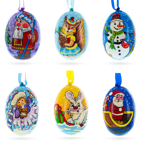 Santa, Snowman, Bunny, Squirrel and Girl Wooden Christmas Ornaments 3 Inches in Multi color Oval