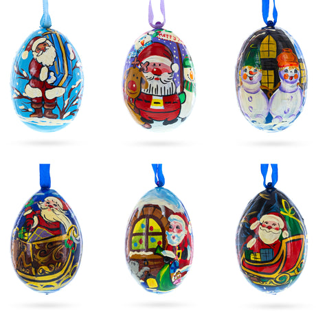 Santa, Snowman and Reindeer Delivering Gifts Wooden Christmas Ornaments 3 Inches in Multi color, Oval shape