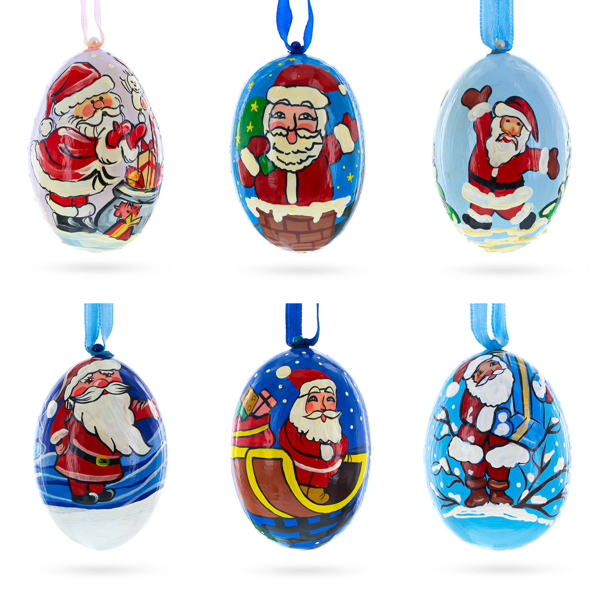 Set of 6 Santa Claus Wooden Christmas Ornaments 3 Inches in Multi color, Oval shape