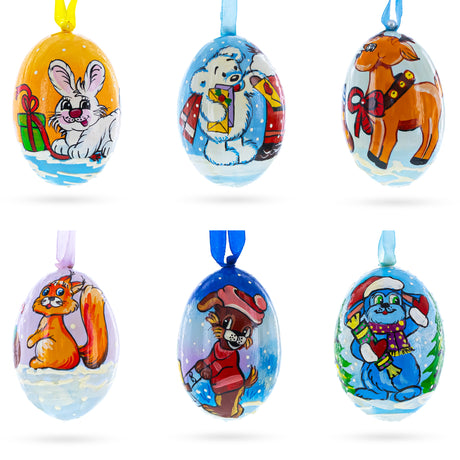 Set of 6 Bunny, Reindeer, Dog and White Bear Wooden Christmas Ornaments 3 Inches in Multi color Oval