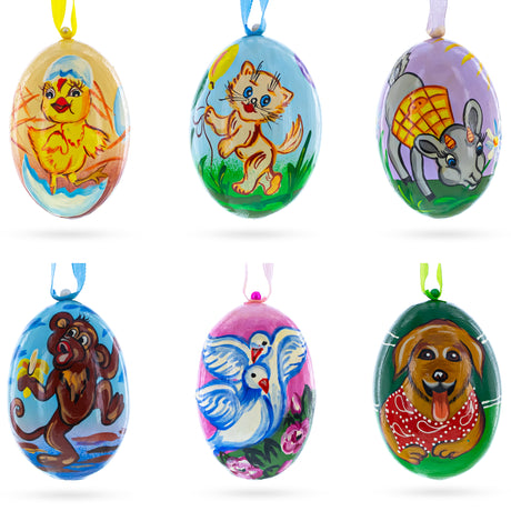 Set of 6 Animals Wooden Christmas Ornaments 3 Inches in Multi color Oval