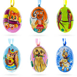 Set of 6, Dog, Cat, Cardinals Birds Wooden Christmas Ornaments 3 Inches in Multi color Oval