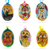6 Dog Puppies- Golden Retriever and Labrador Wooden Christmas Ornaments 3 Inches in Multi color, Oval shape