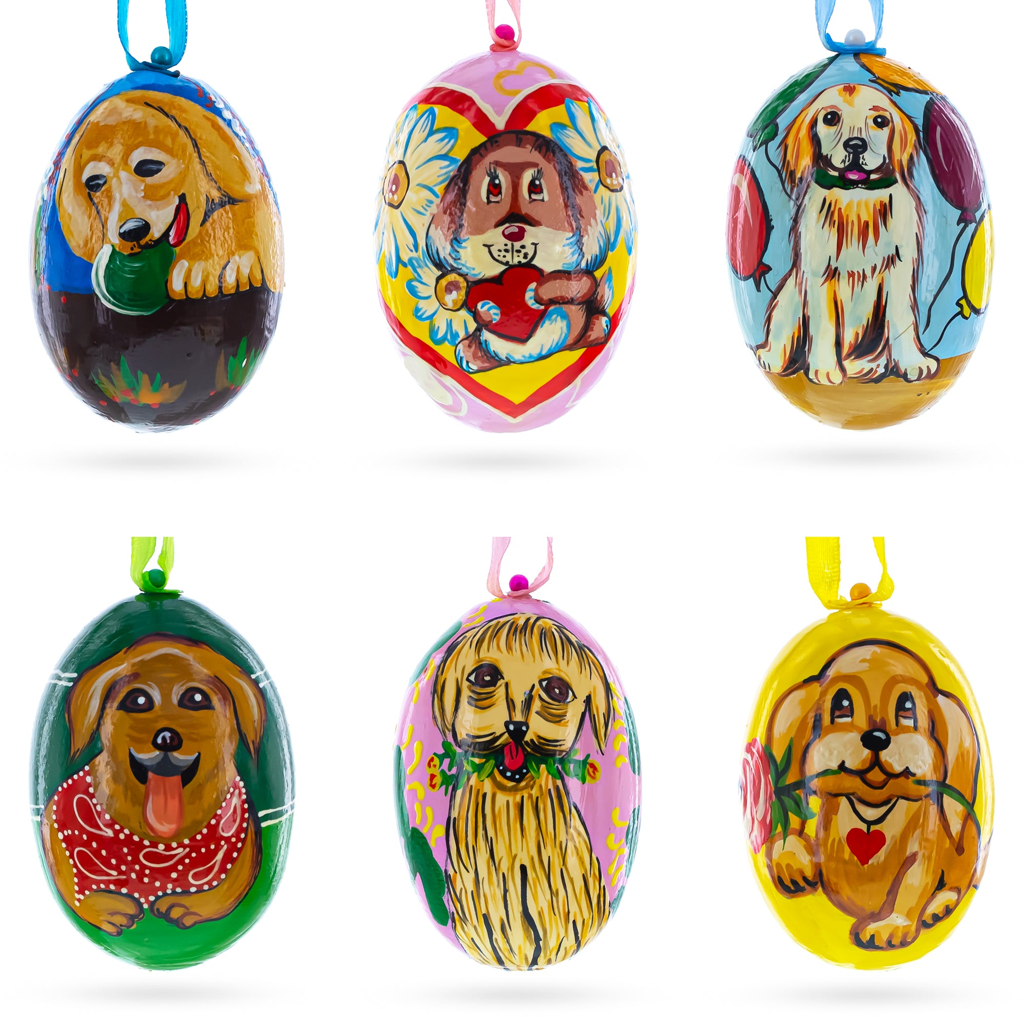 6 Dog Puppies- Golden Retriever and Labrador Wooden Christmas Ornaments 3 Inches in Multi color Oval