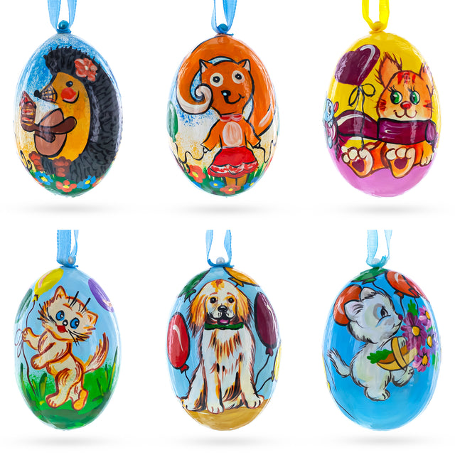 Set of 6- Dog, Cat, Bear, Squirrel Wooden Christmas Ornaments 3 Inches in Multi color, Oval shape