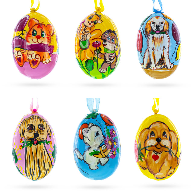 Wood Set of 6- Cats and Dogs Wooden Easter Wooden Christmas Ornaments3 Inches in Multi color Oval