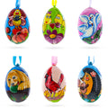 Set of 6- Dog, Birds, Hedgehog, Doves Wooden Christmas Ornaments 3 Inches in Multi color Oval