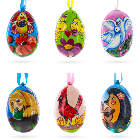 Set of 6- Dog, Birds, Hedgehog, Doves Wooden Christmas Ornaments 3 Inches in Multi color Oval