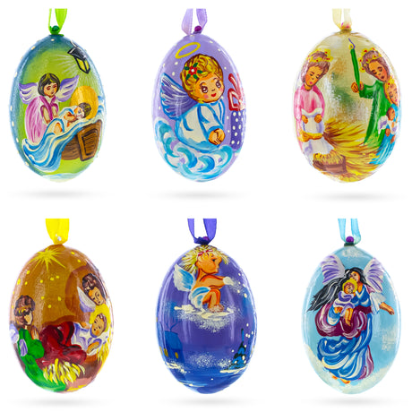 Set of 6 Guardian Angels Wooden Christmas Ornaments 3 Inches in Multi color, Oval shape