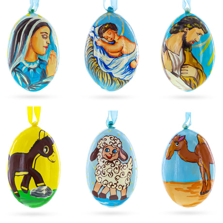 Set of 6 Nativity Scene Set Ukrainian Wooden Christmas Ornaments 3 Inches in Multi color, Oval shape