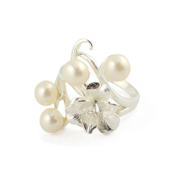 Pearl Flower Sterling Silver Ring in  color,  shape